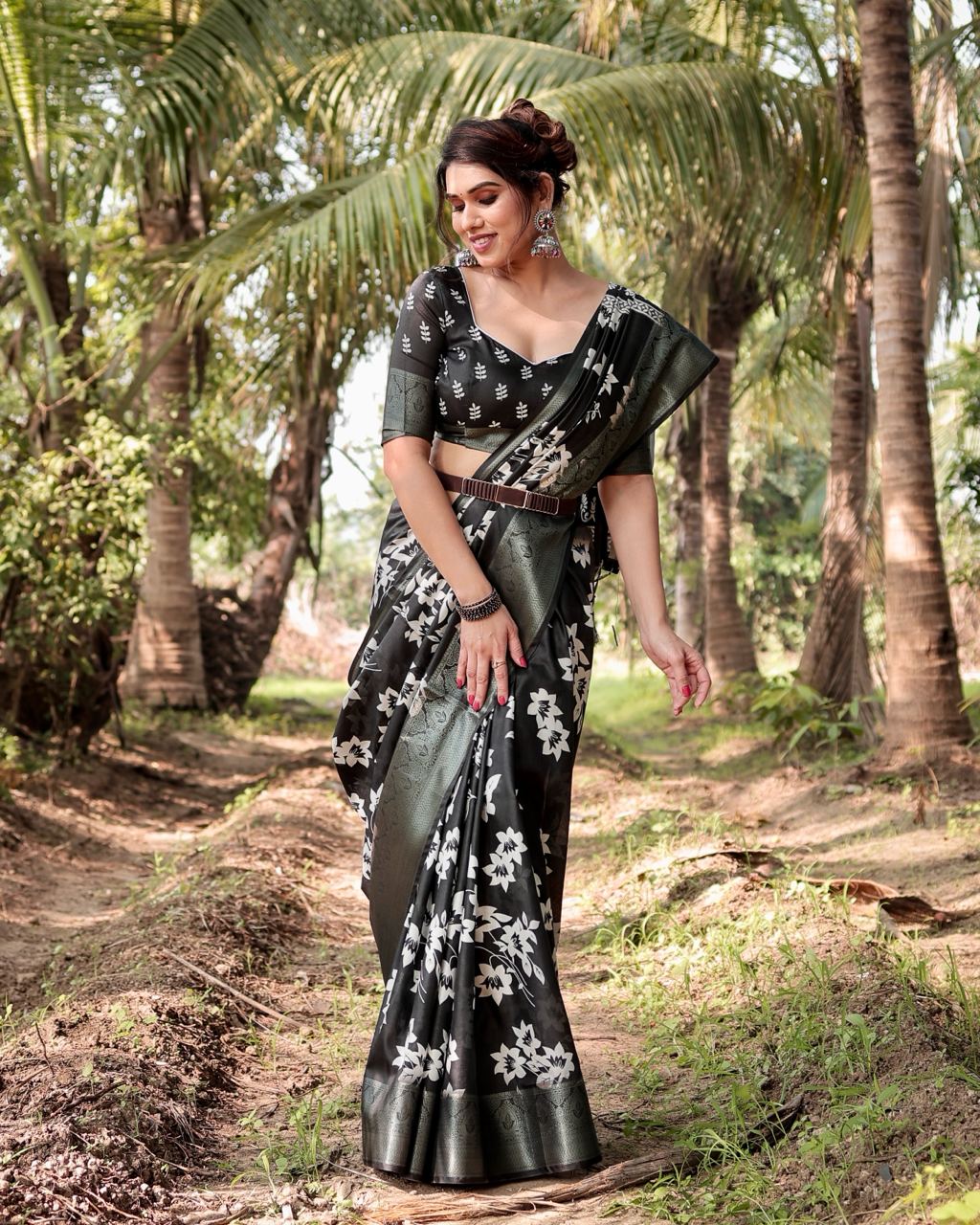 Pure Silk Digital Printed Black Saree with Brocade Blouse Colorful Saree