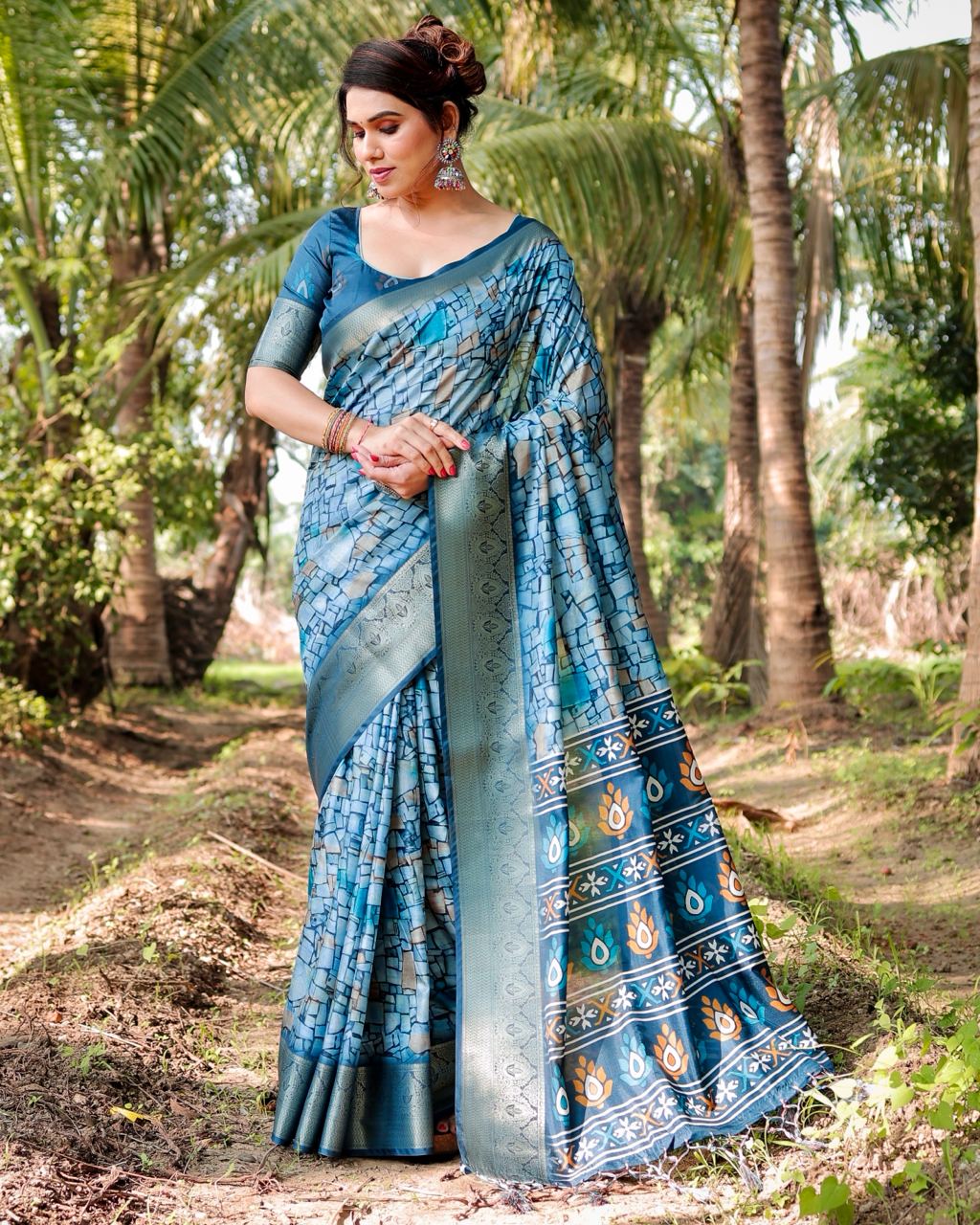 Pure Silk Digital Printed Blue Saree with Brocade Blouse Colorful Saree