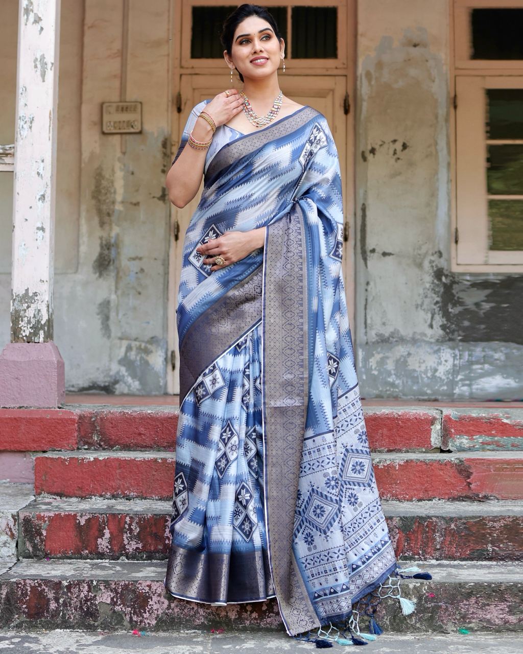 Pure Silk Digital Printed Blue Saree with Brocade Blouse Colorful Saree