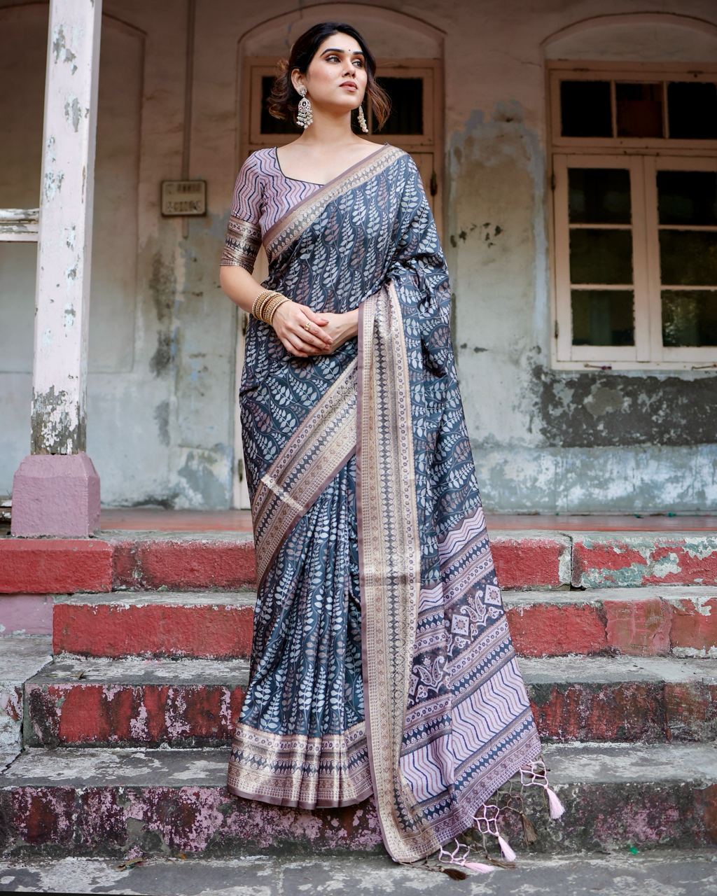 Pure Silk Digital Printed Blue Saree with Brocade Blouse Colorful Saree