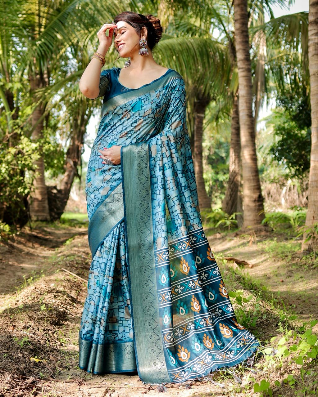 Pure Silk Digital Printed Blue Saree with Brocade Blouse Colorful Saree