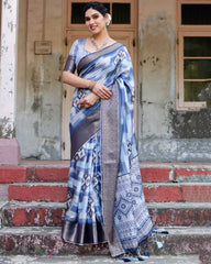 Pure Silk Digital Printed Blue Saree with Brocade Blouse Colorful Saree