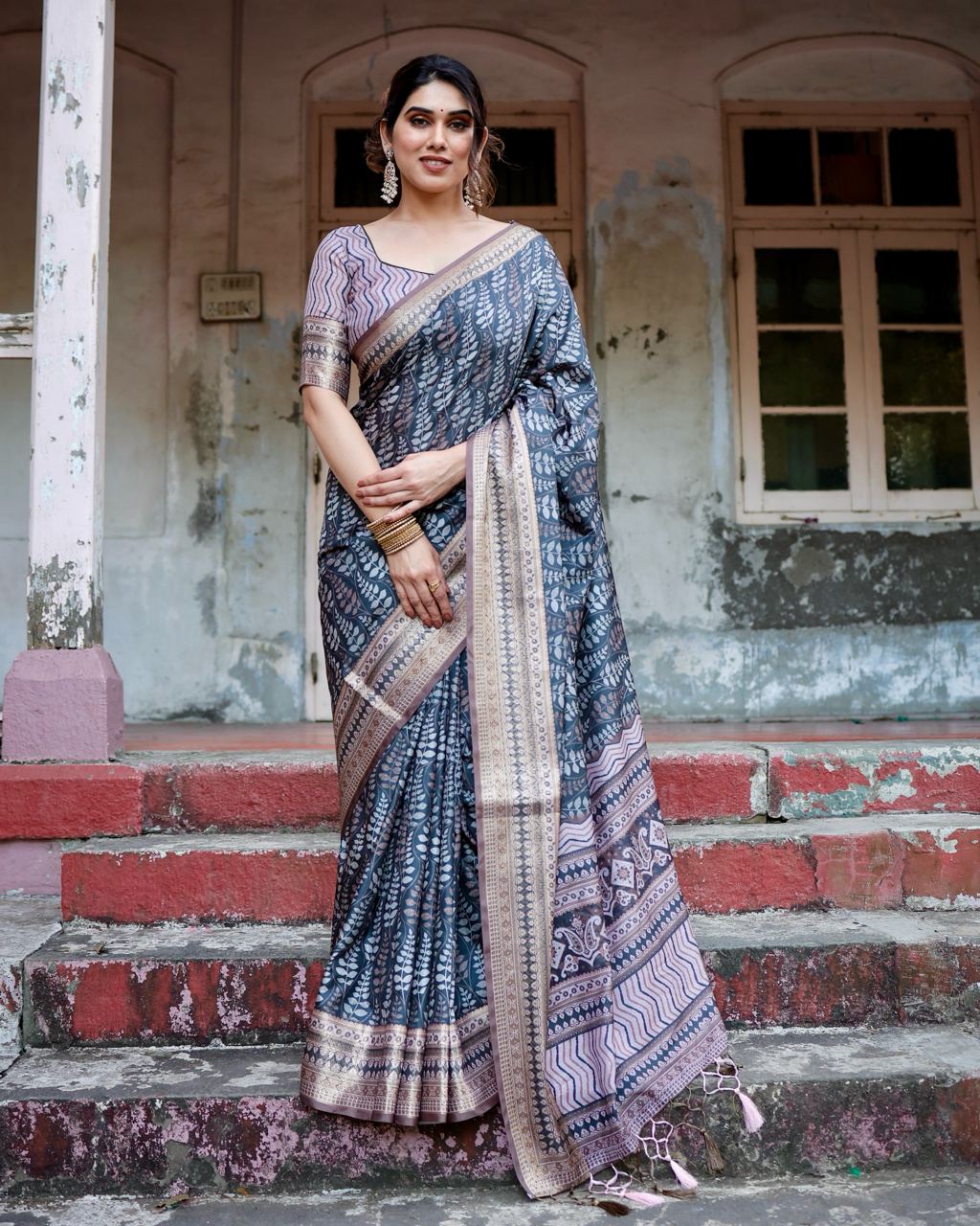 Pure Silk Digital Printed Blue Saree with Brocade Blouse Colorful Saree