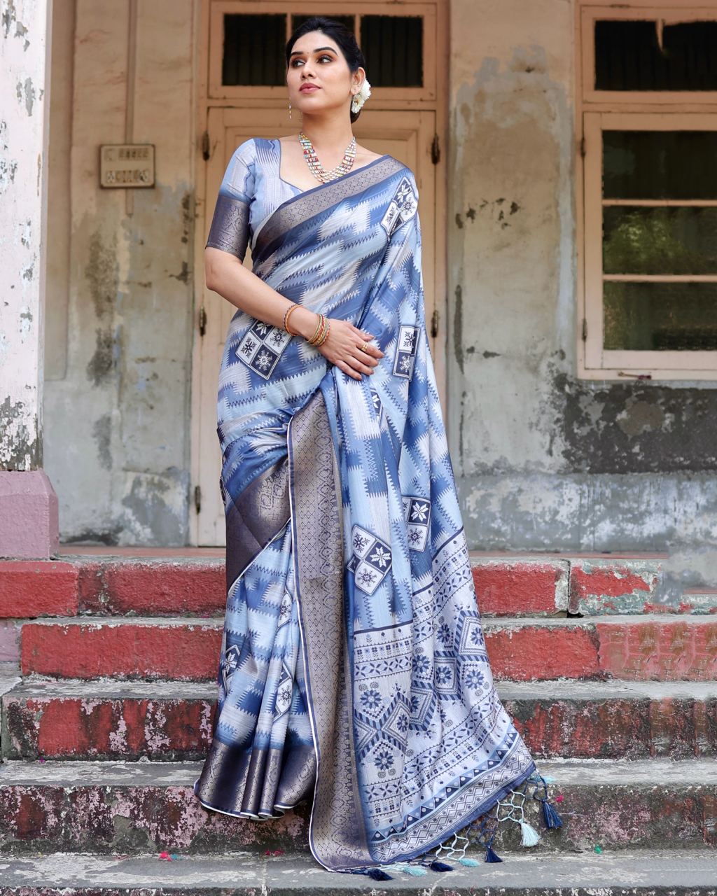 Pure Silk Digital Printed Blue Saree with Brocade Blouse Colorful Saree