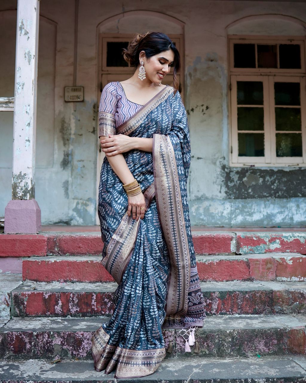 Pure Silk Digital Printed Blue Saree with Brocade Blouse Colorful Saree