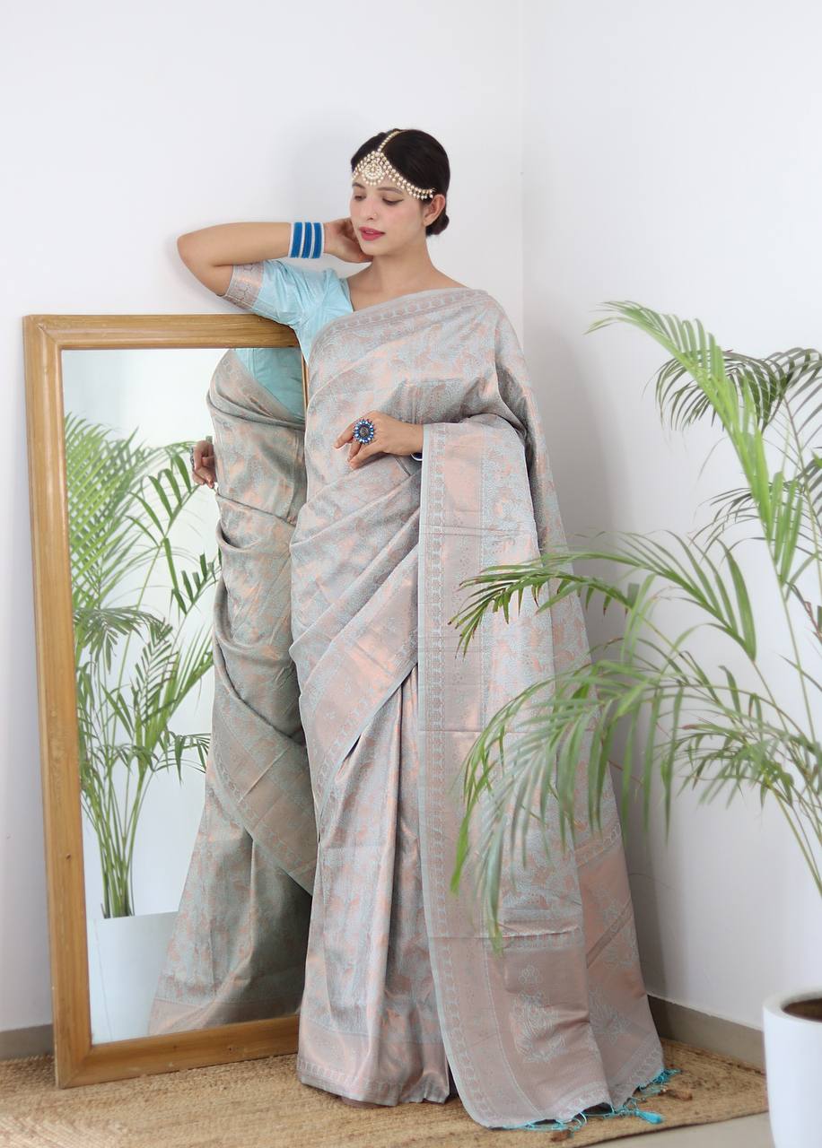 Pure Silk Digital Printed Blue Saree with Brocade Blouse Colorful Saree