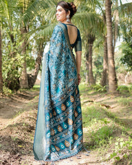 Pure Silk Digital Printed Blue Saree with Brocade Blouse Colorful Saree