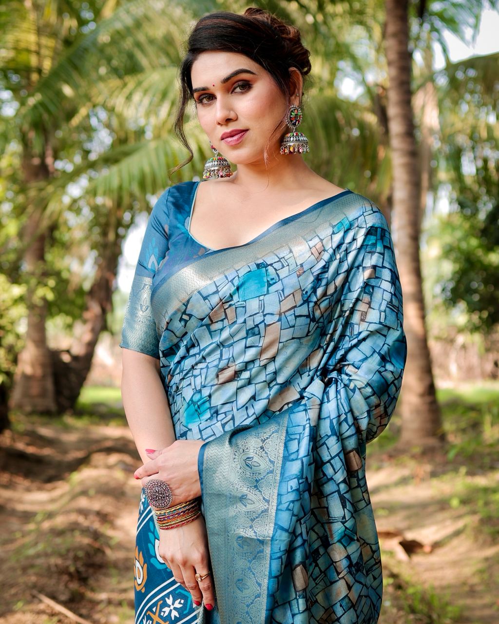 Pure Silk Digital Printed Blue Saree with Brocade Blouse Colorful Saree