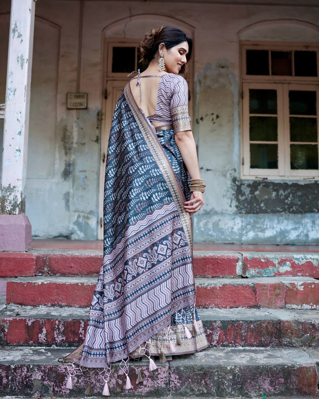 Pure Silk Digital Printed Blue Saree with Brocade Blouse Colorful Saree