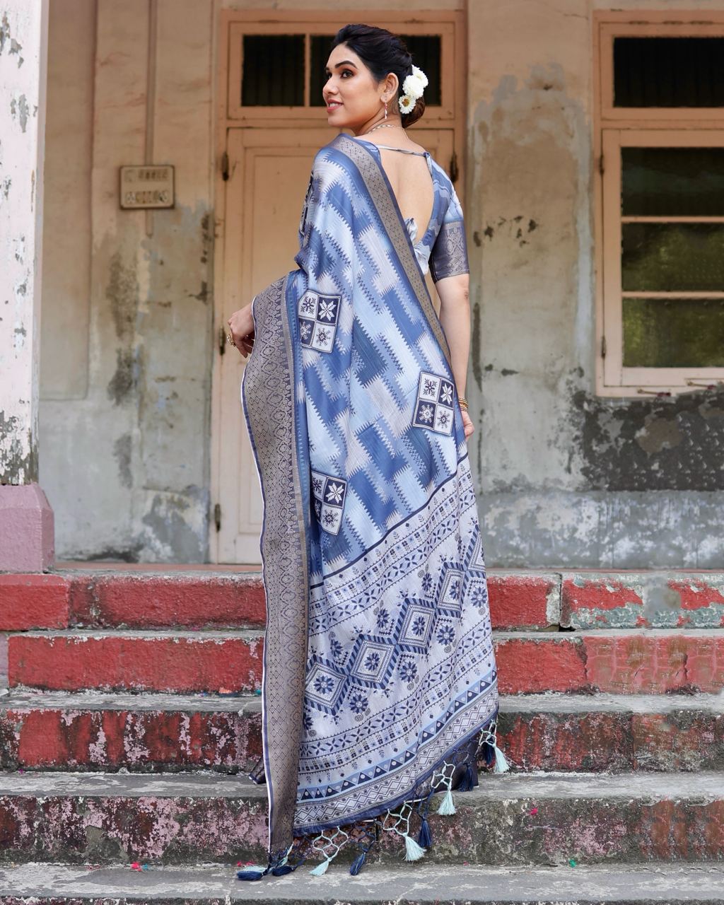 Pure Silk Digital Printed Blue Saree with Brocade Blouse Colorful Saree