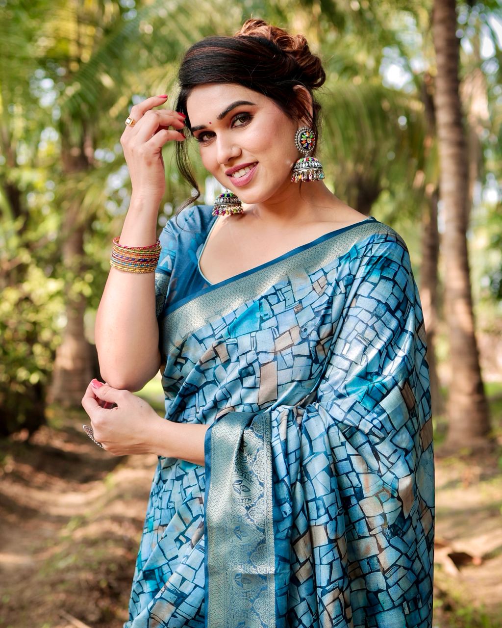 Pure Silk Digital Printed Blue Saree with Brocade Blouse Colorful Saree