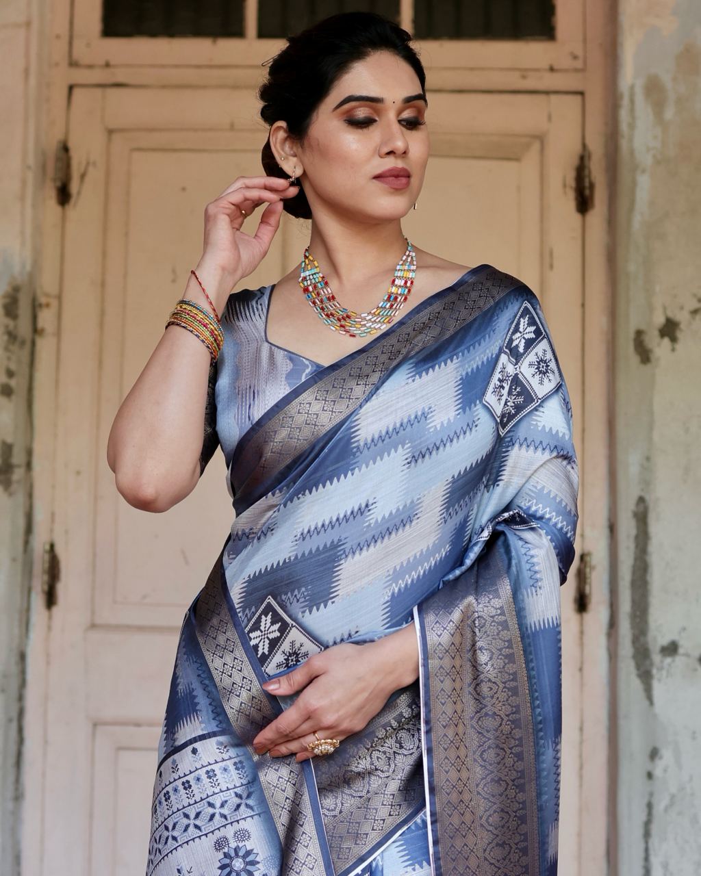 Pure Silk Digital Printed Blue Saree with Brocade Blouse Colorful Saree