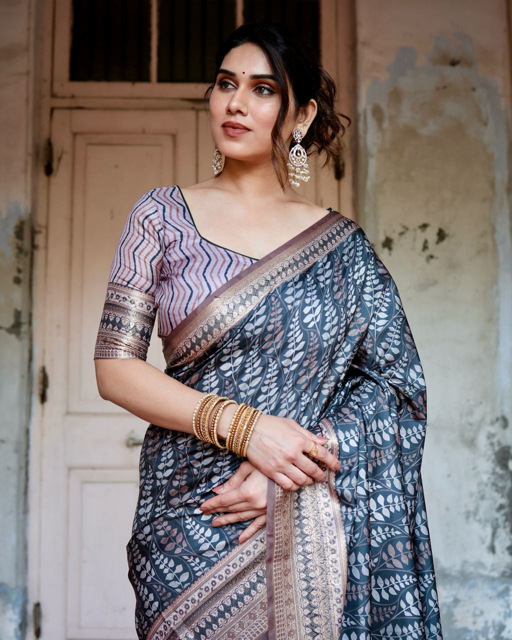 Pure Silk Digital Printed Blue Saree with Brocade Blouse Colorful Saree