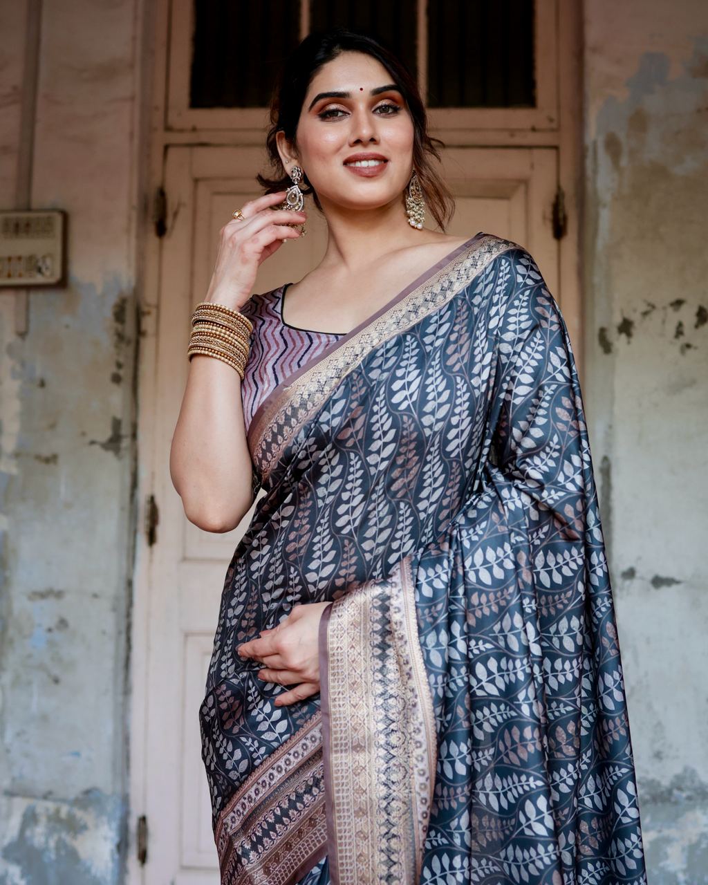 Pure Silk Digital Printed Blue Saree with Brocade Blouse Colorful Saree