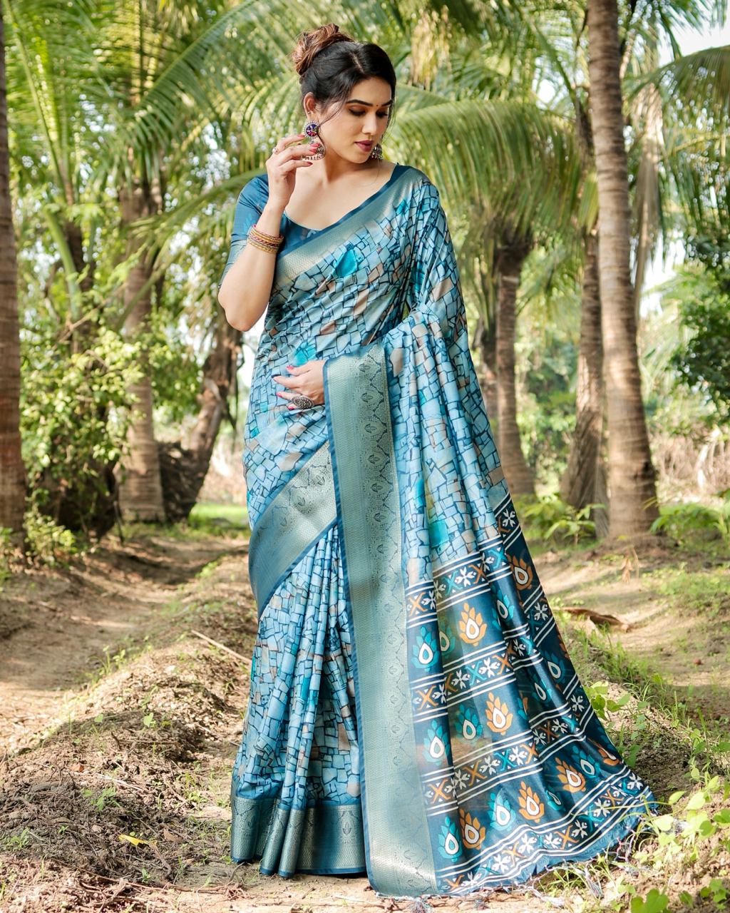 Pure Silk Digital Printed Blue Saree with Brocade Blouse Colorful Saree