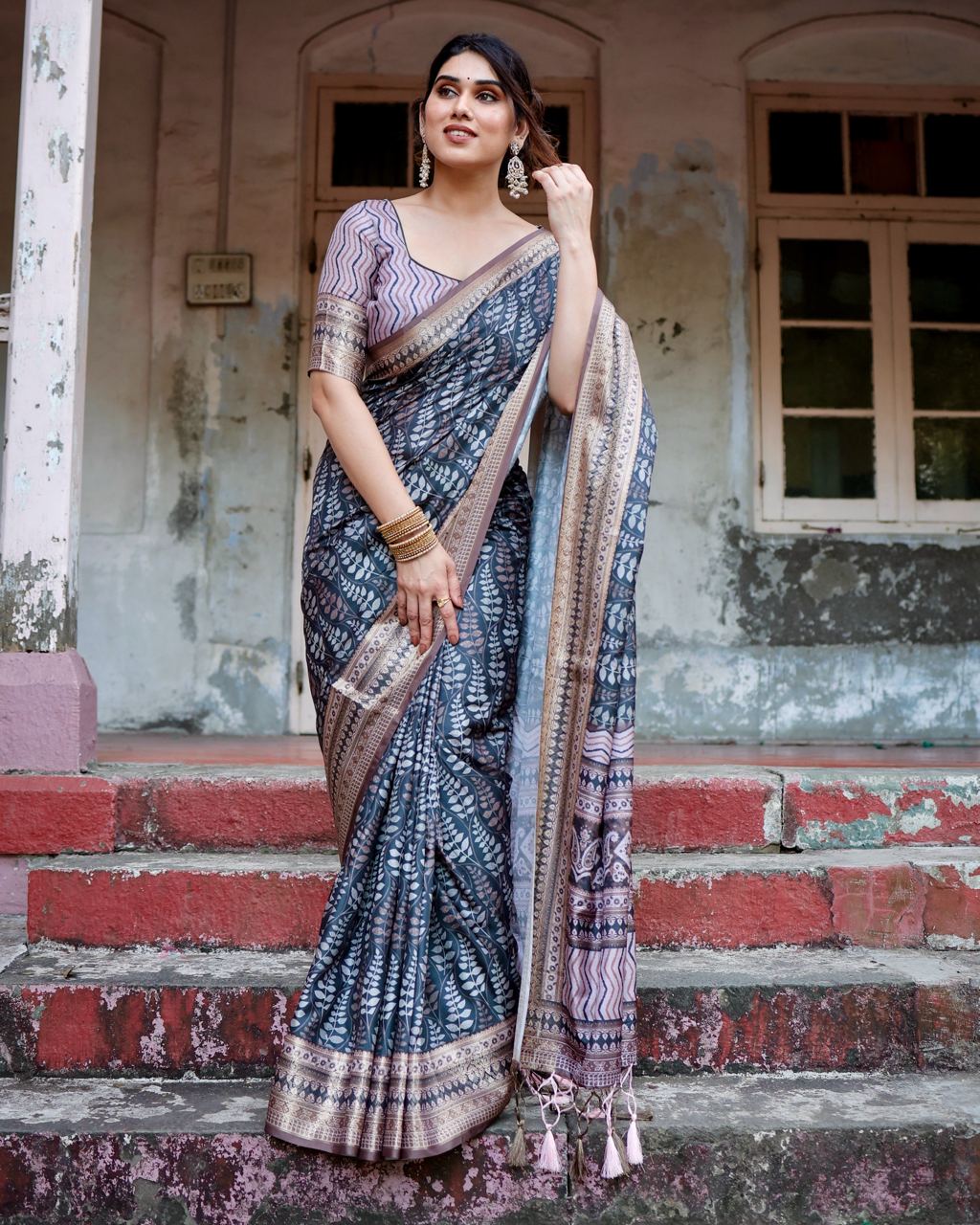 Pure Silk Digital Printed Blue Saree with Brocade Blouse Colorful Saree