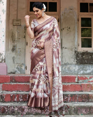 Pure Silk Digital Printed Brown Saree with Brocade Blouse Colorful Saree