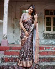 Pure Silk Digital Printed Brown Saree with Brocade Blouse Colorful Saree