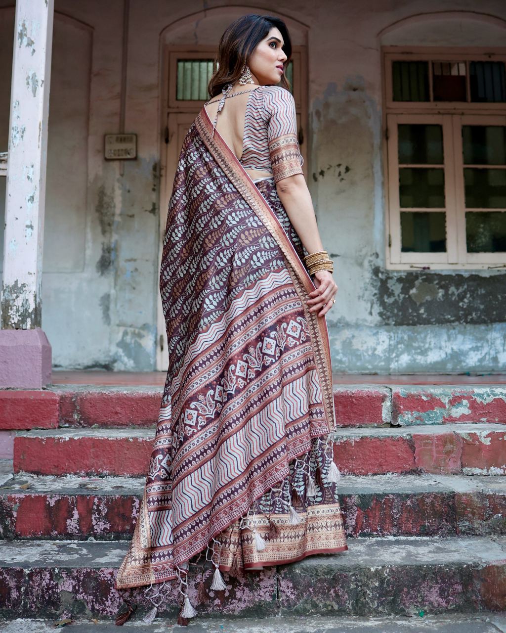 Pure Silk Digital Printed Brown Saree with Brocade Blouse Colorful Saree