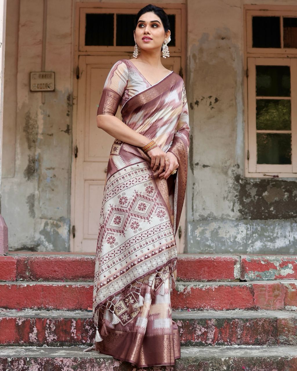 Pure Silk Digital Printed Brown Saree with Brocade Blouse Colorful Saree