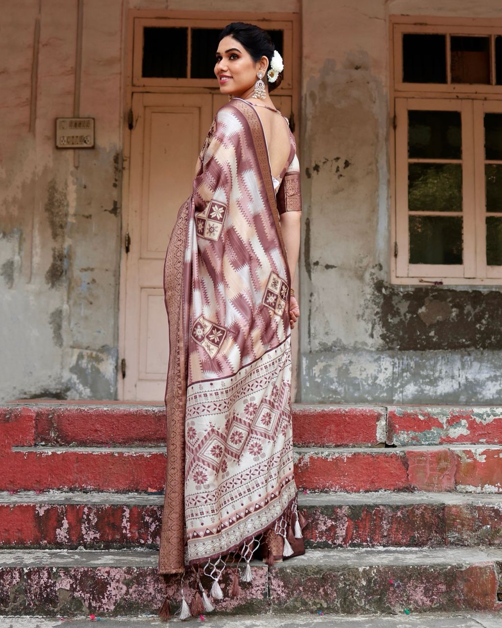 Pure Silk Digital Printed Brown Saree with Brocade Blouse Colorful Saree