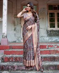 Pure Silk Digital Printed Brown Saree with Brocade Blouse Colorful Saree