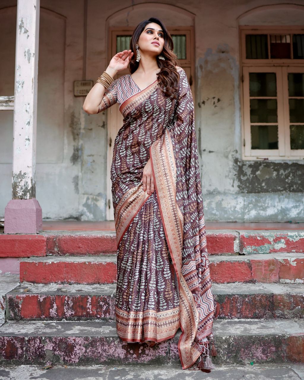 Pure Silk Digital Printed Brown Saree with Brocade Blouse Colorful Saree