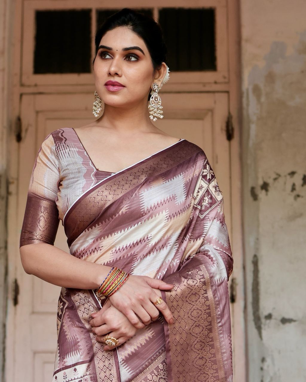 Pure Silk Digital Printed Brown Saree with Brocade Blouse Colorful Saree