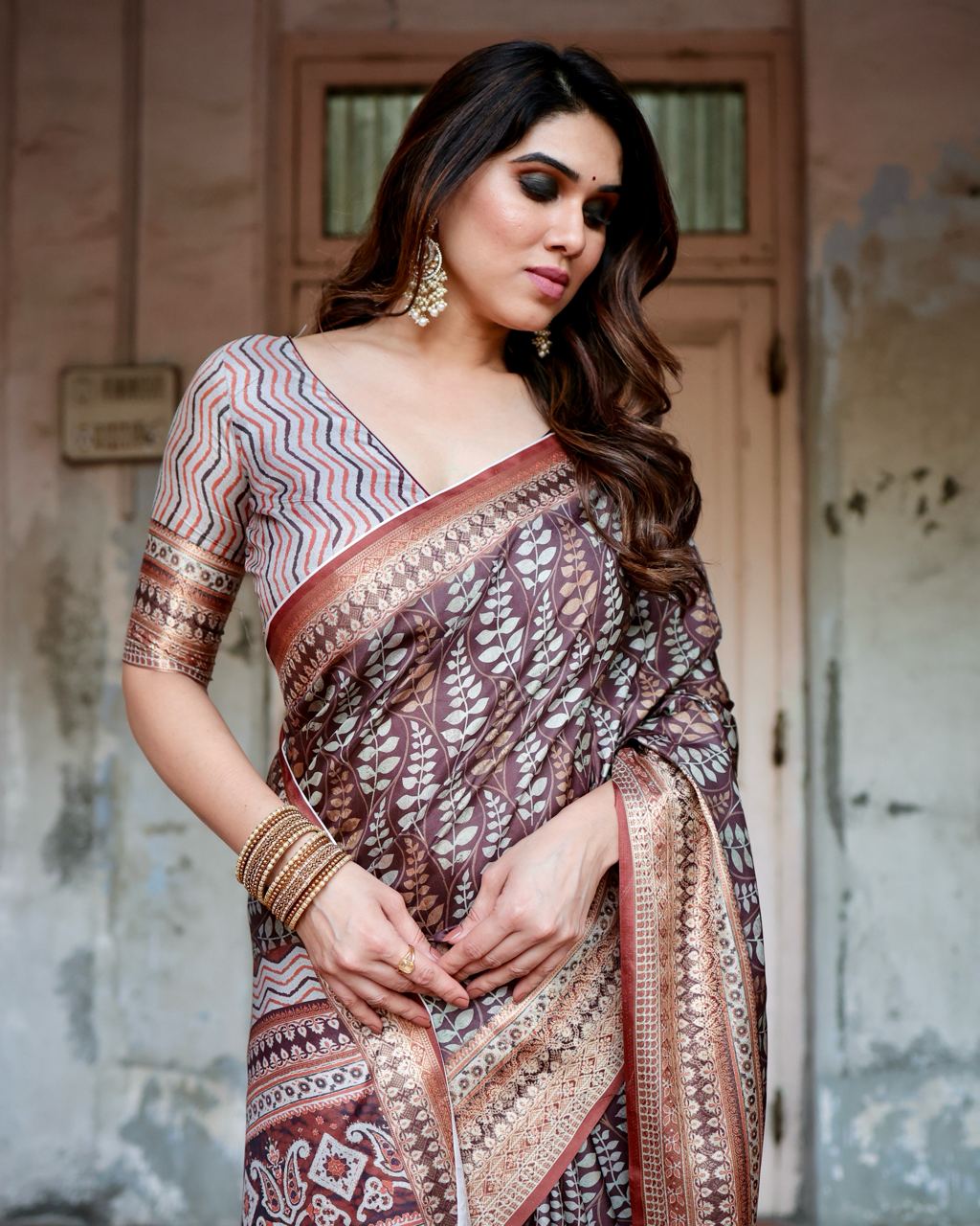 Pure Silk Digital Printed Brown Saree with Brocade Blouse Colorful Saree