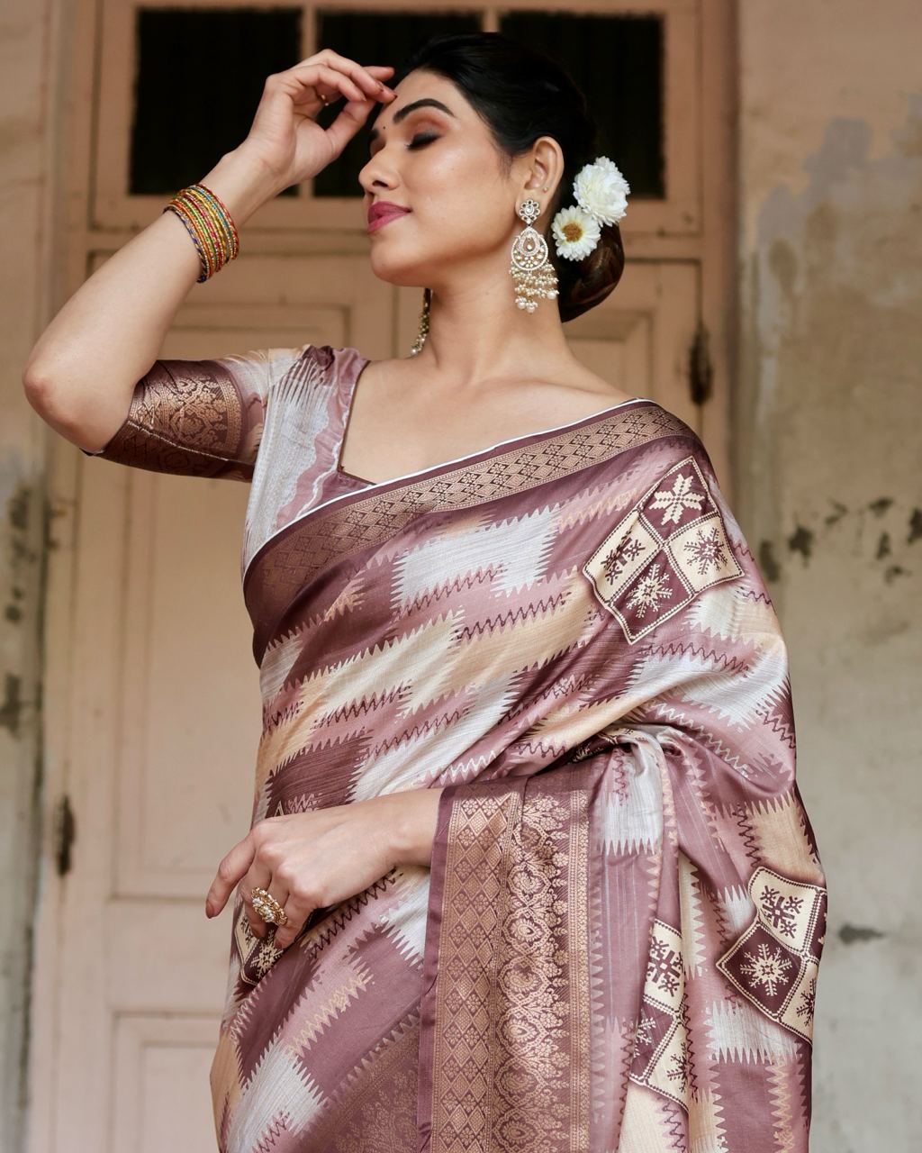 Pure Silk Digital Printed Brown Saree with Brocade Blouse Colorful Saree