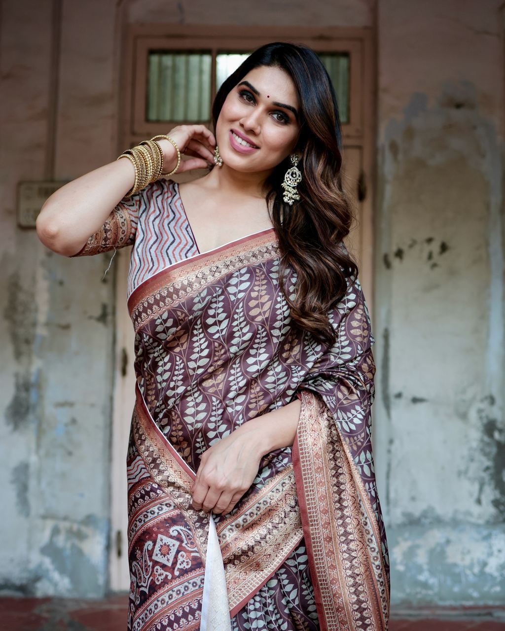 Pure Silk Digital Printed Brown Saree with Brocade Blouse Colorful Saree