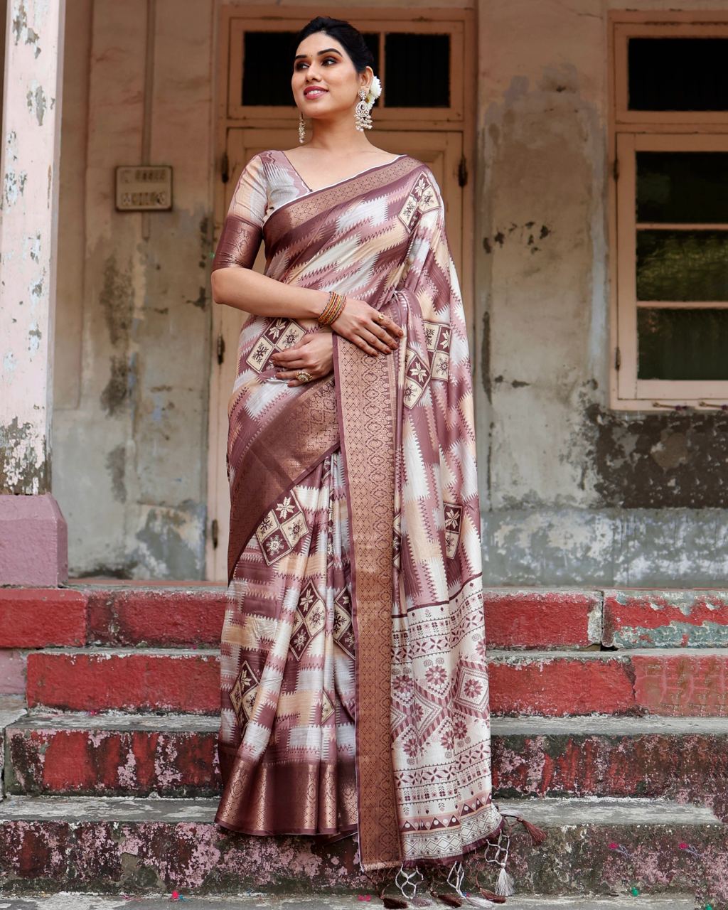 Pure Silk Digital Printed Brown Saree with Brocade Blouse Colorful Saree