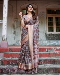 Pure Silk Digital Printed Brown Saree with Brocade Blouse Colorful Saree