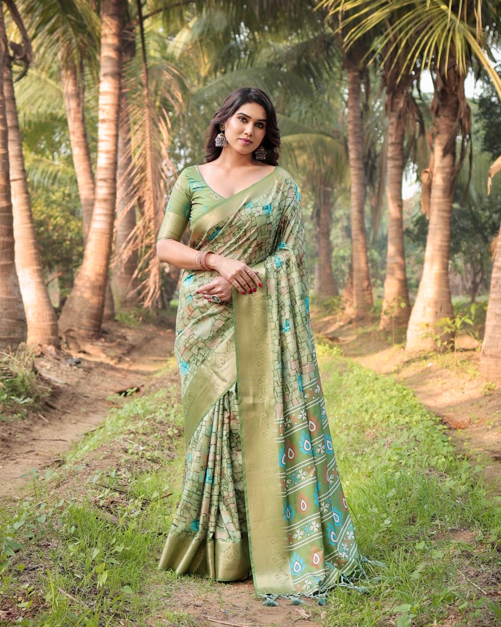 Pure Silk Digital Printed Green Saree with Brocade Blouse Colorful Saree