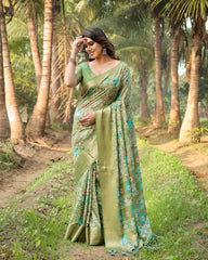 Pure Silk Digital Printed Green Saree with Brocade Blouse Colorful Saree