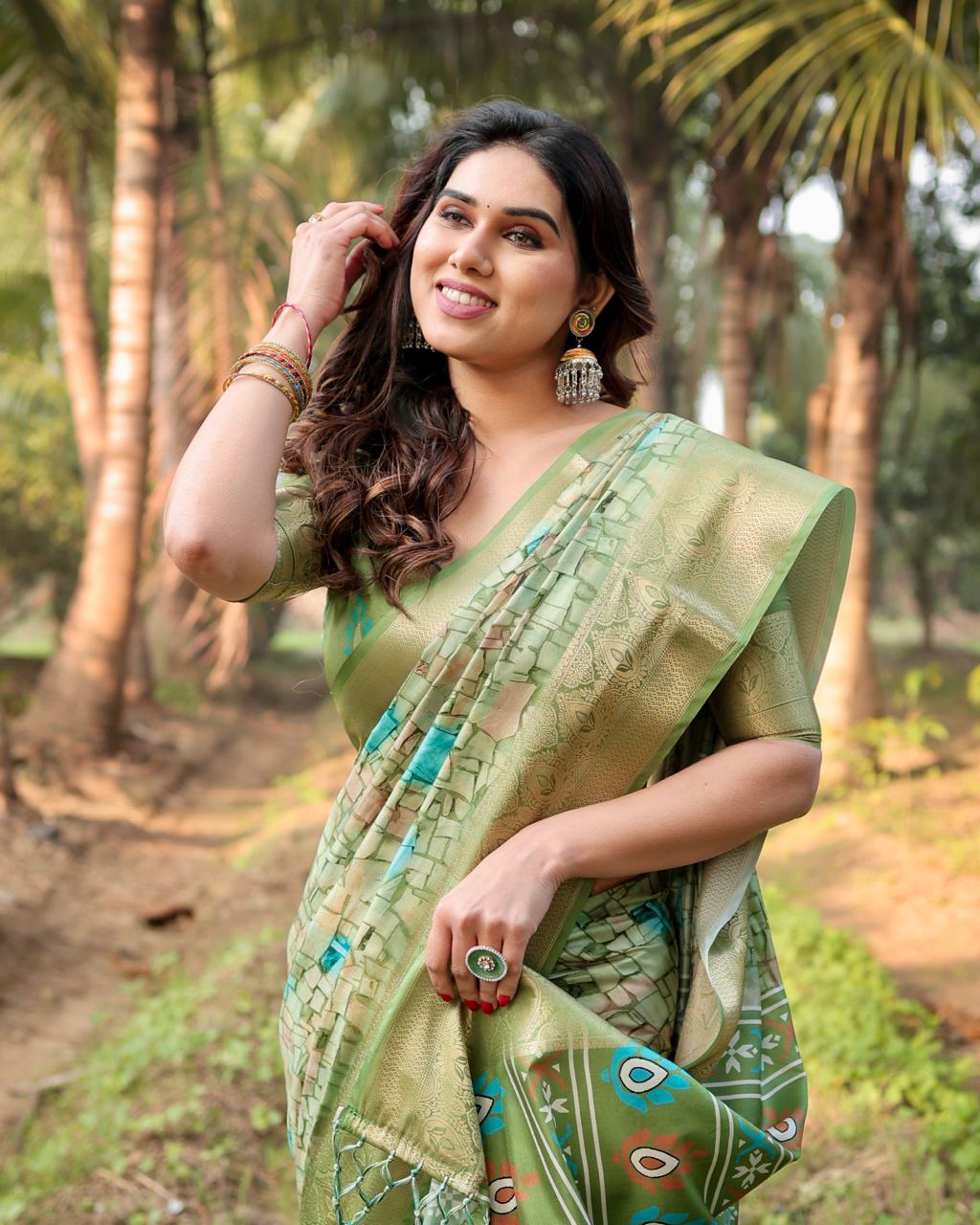 Pure Silk Digital Printed Green Saree with Brocade Blouse Colorful Saree