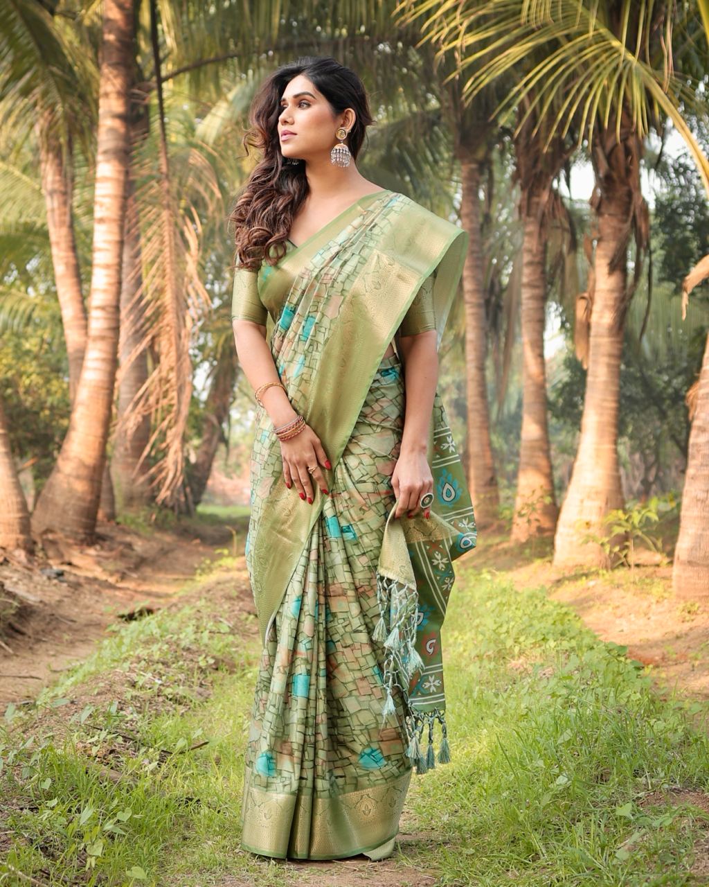 Pure Silk Digital Printed Green Saree with Brocade Blouse Colorful Saree