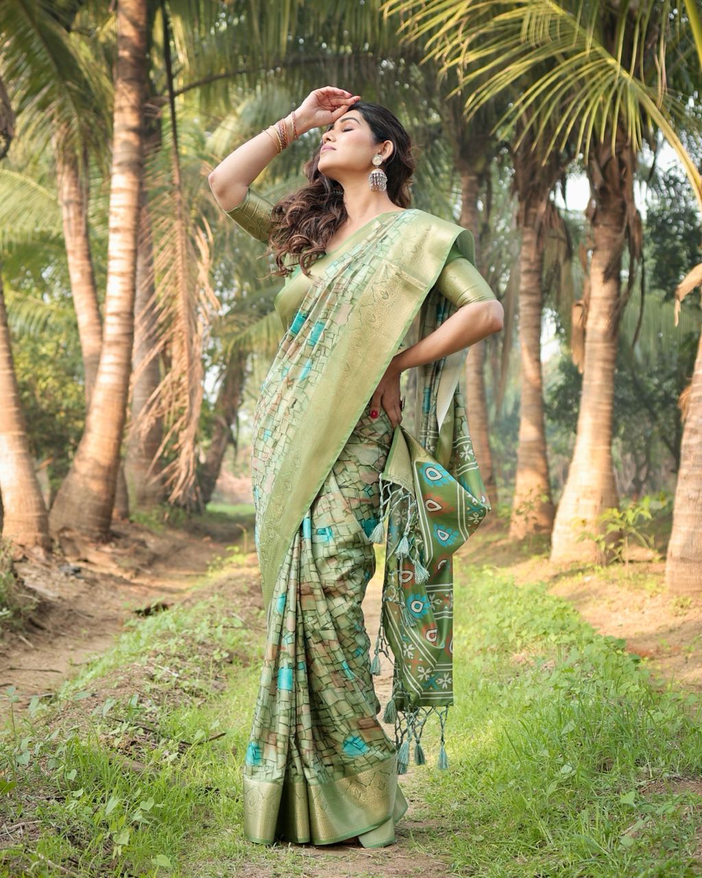 Pure Silk Digital Printed Green Saree with Brocade Blouse Colorful Saree