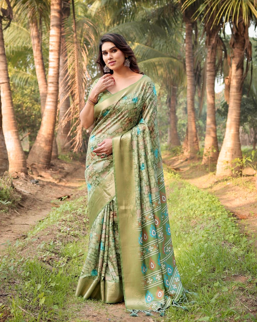 Pure Silk Digital Printed Green Saree with Brocade Blouse Colorful Saree