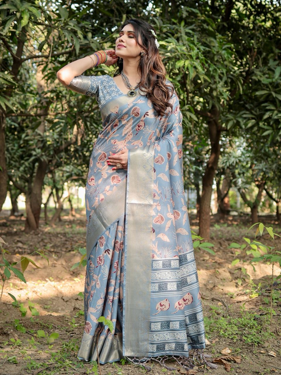 Pure Silk Digital Printed Grey Saree with Brocade Blouse Colorful Saree