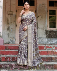 Pure Silk Digital Printed Grey Saree with Brocade Blouse Colorful Saree