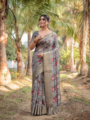 Pure Silk Digital Printed Grey Saree with Brocade Blouse Colorful Saree