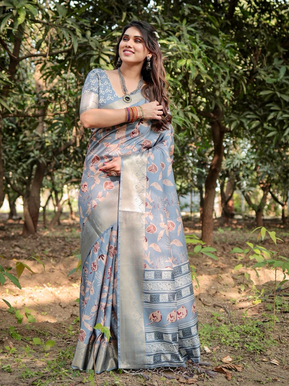 Pure Silk Digital Printed Grey Saree with Brocade Blouse Colorful Saree