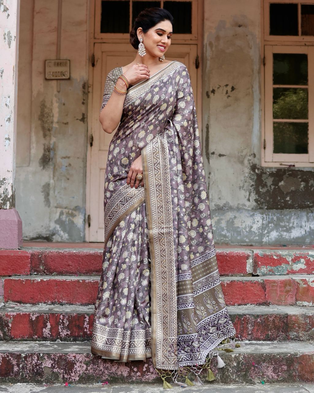 Pure Silk Digital Printed Grey Saree with Brocade Blouse Colorful Saree