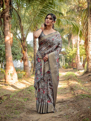 Pure Silk Digital Printed Grey Saree with Brocade Blouse Colorful Saree