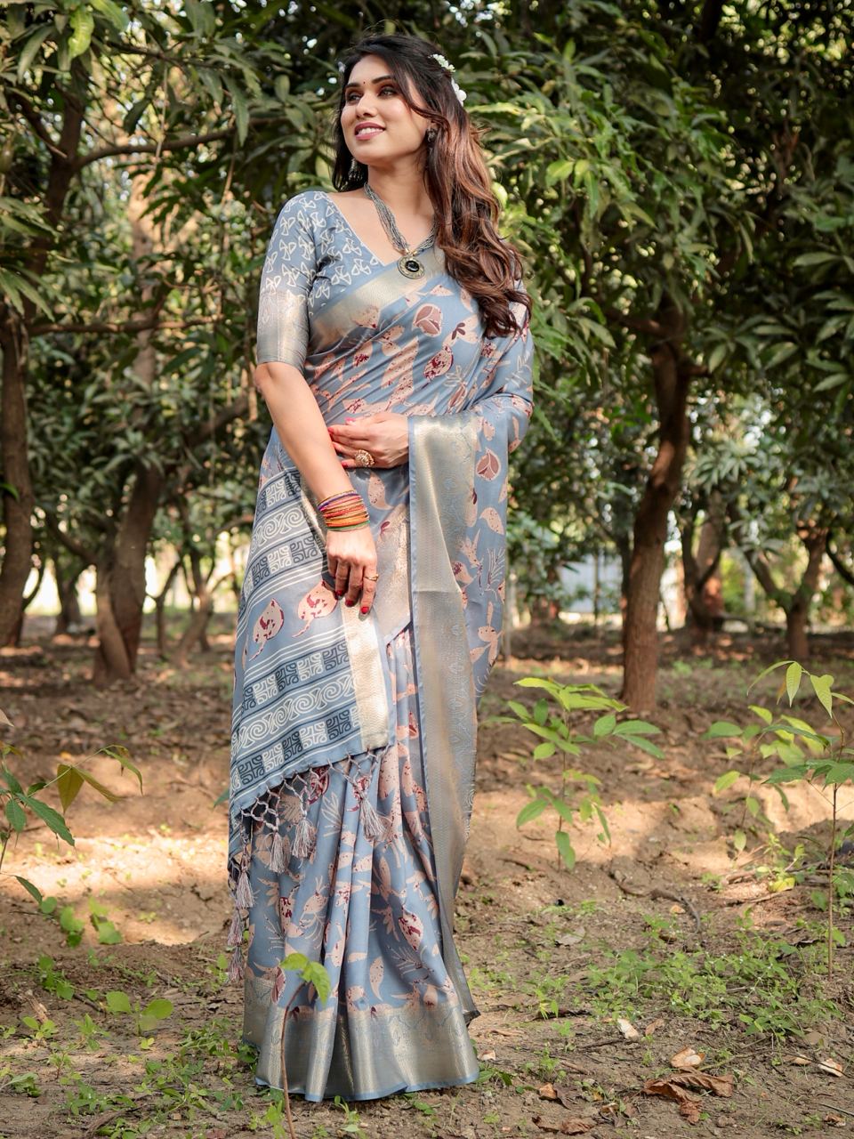 Pure Silk Digital Printed Grey Saree with Brocade Blouse Colorful Saree