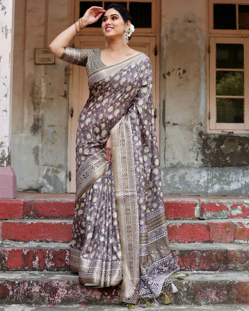 Pure Silk Digital Printed Grey Saree with Brocade Blouse Colorful Saree