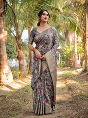 Pure Silk Digital Printed Grey Saree with Brocade Blouse Colorful Saree