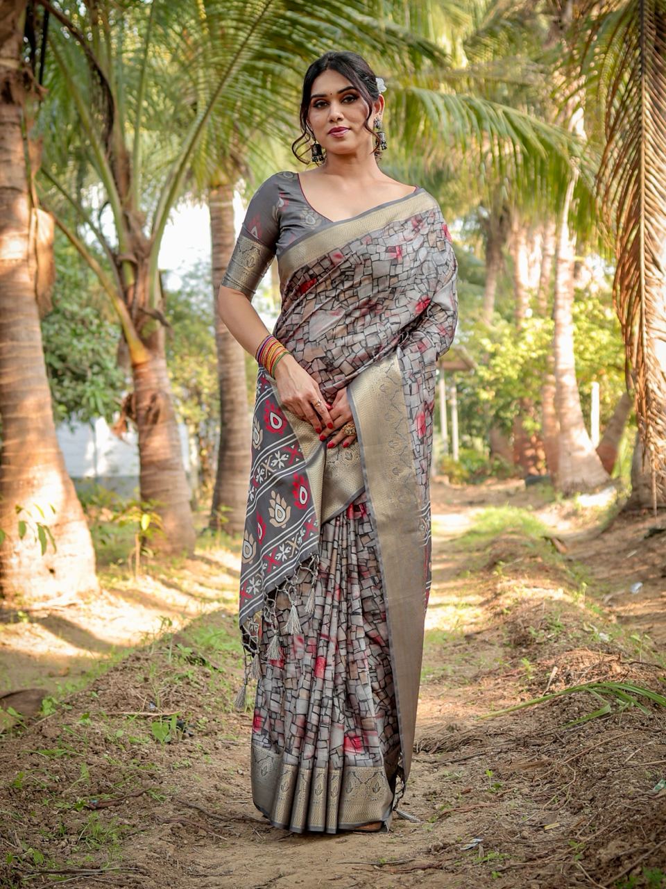 Pure Silk Digital Printed Grey Saree with Brocade Blouse Colorful Saree