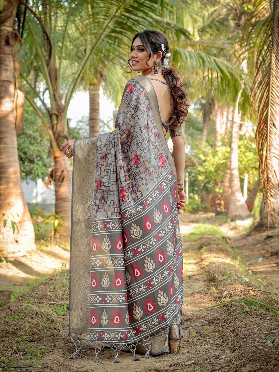 Pure Silk Digital Printed Grey Saree with Brocade Blouse Colorful Saree